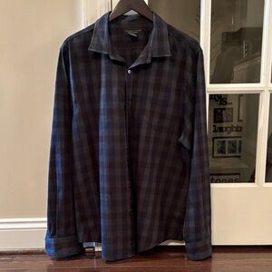 Bloomingdale's Navy and Black Plaid Casual Button Down Shirt